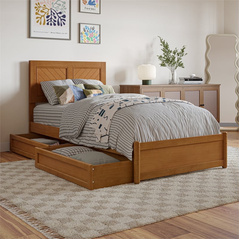 Clayton Twin XL Wood Platform Bed with Panel Footboard & Drawers in Light Toffee