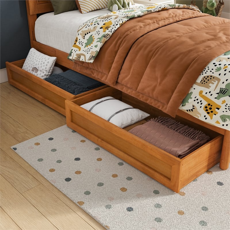 Clayton Twin Wood Platform Bed with Panel Footboard & Drawers in Light Toffee
