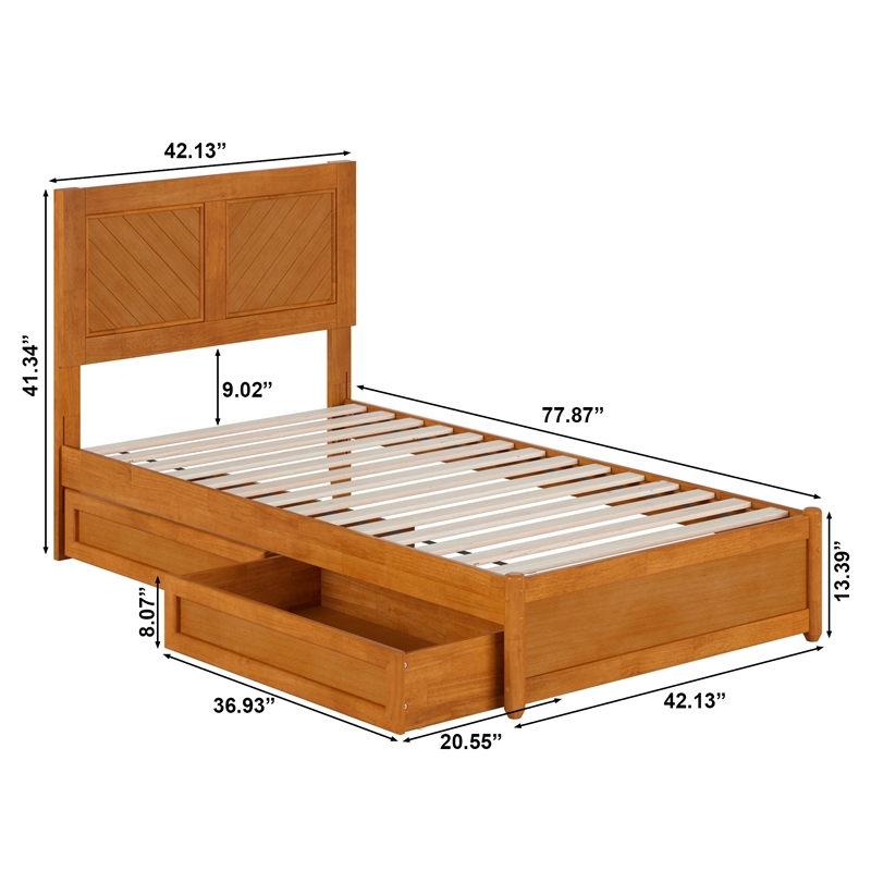 Clayton Twin Wood Platform Bed with Panel Footboard & Drawers in Light Toffee