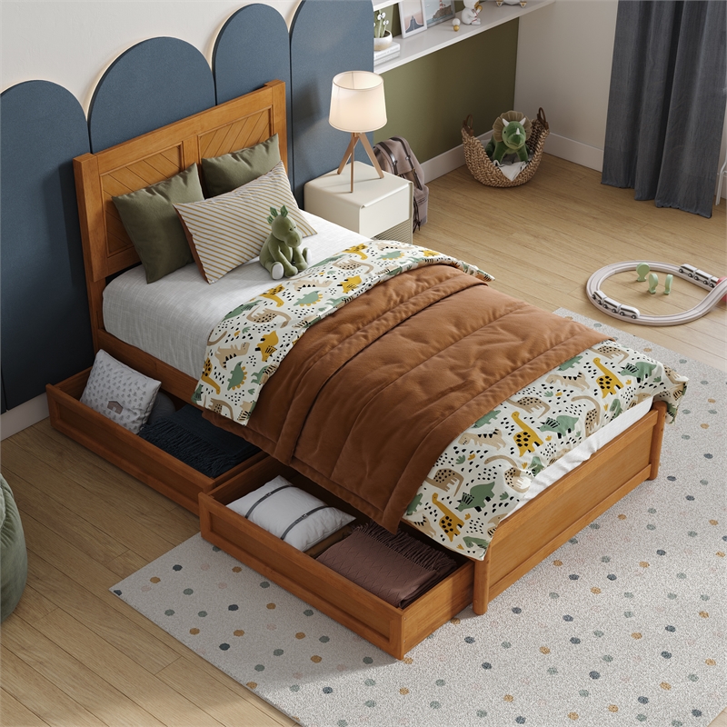 Clayton Twin Wood Platform Bed with Panel Footboard & Drawers in Light Toffee