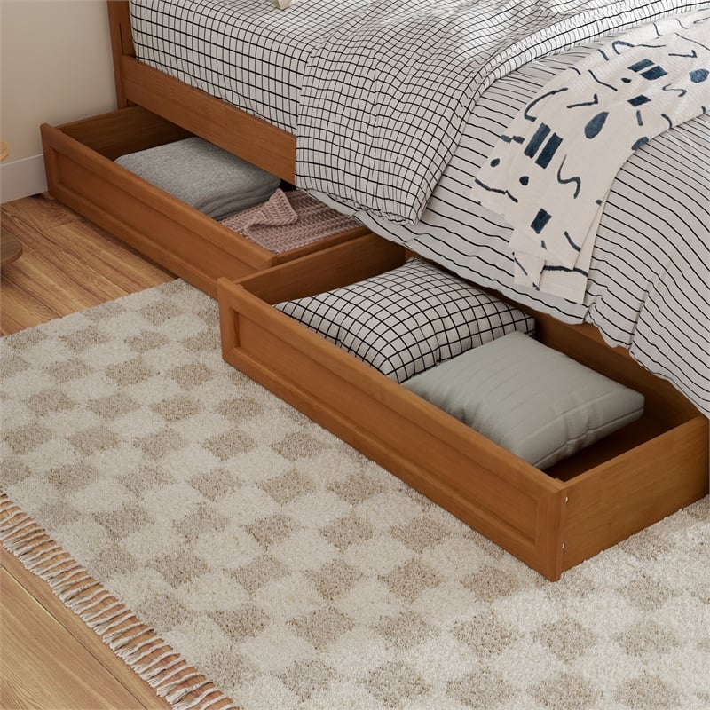 Clayton Full Wood Platform Bed with Panel Footboard & Drawers in Light Toffee