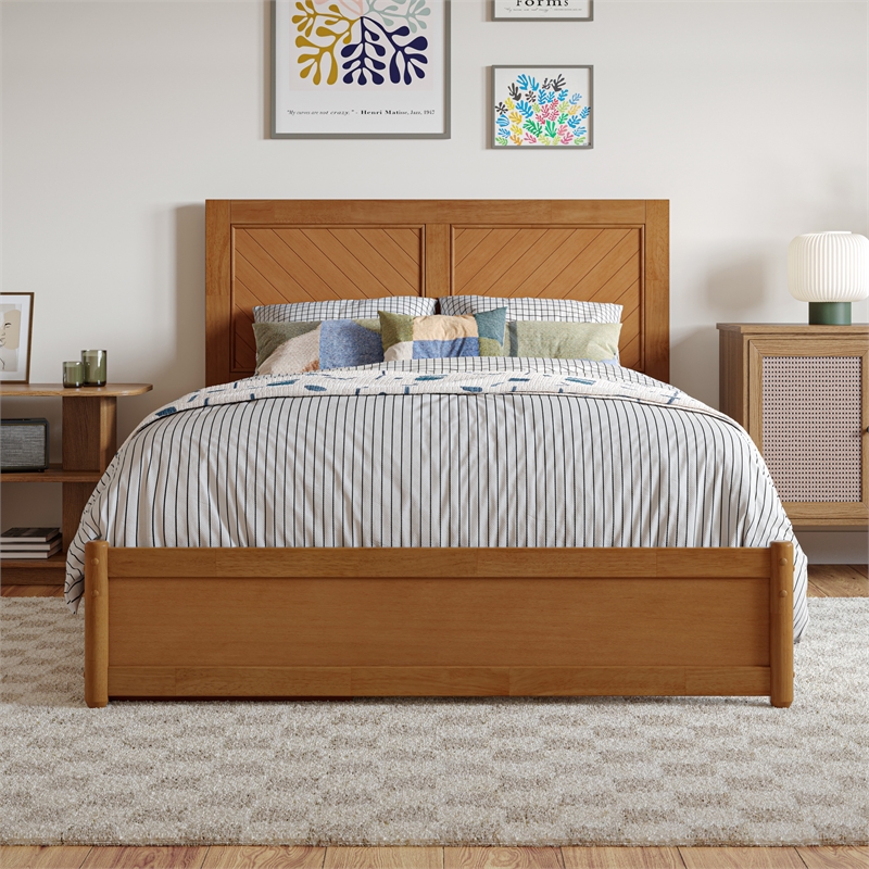 Clayton Full Wood Platform Bed with Panel Footboard & Drawers in Light Toffee