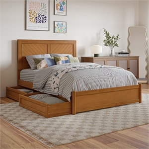 Clayton Full Wood Platform Bed with Panel Footboard & Drawers in Light Toffee