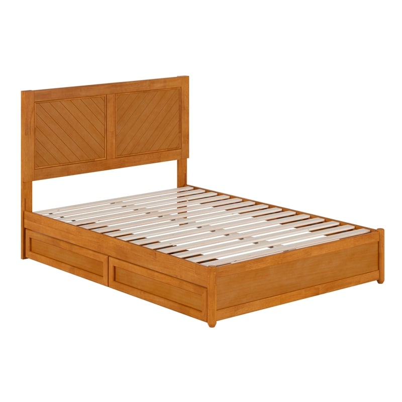 Clayton Full Wood Platform Bed with Panel Footboard & Drawers in Light Toffee