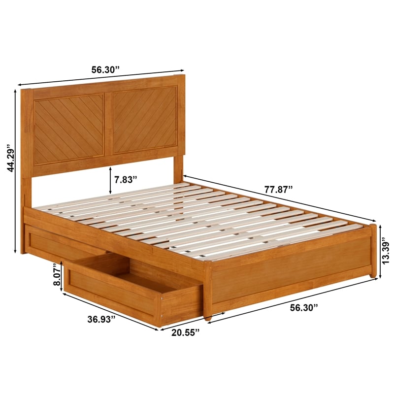Clayton Full Wood Platform Bed with Panel Footboard & Drawers in Light Toffee