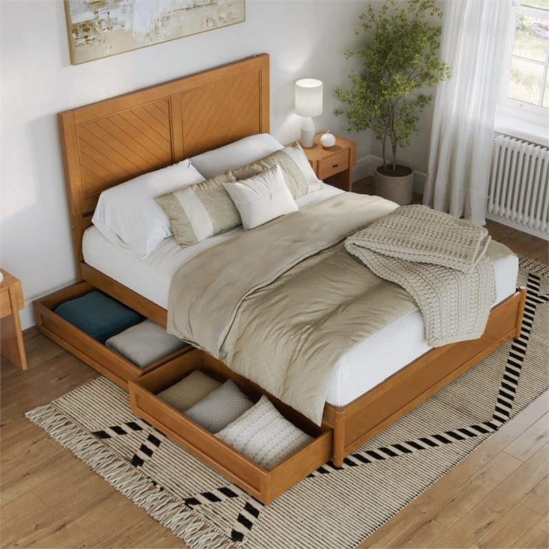 Clayton Queen Platform Bed w Panel Footboard & 2 Storage Drawers in Light Toffee
