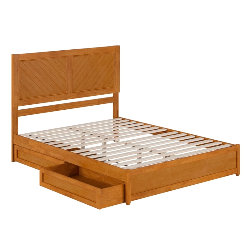 Clayton Queen Platform Bed w Panel Footboard & 2 Storage Drawers in Light Toffee