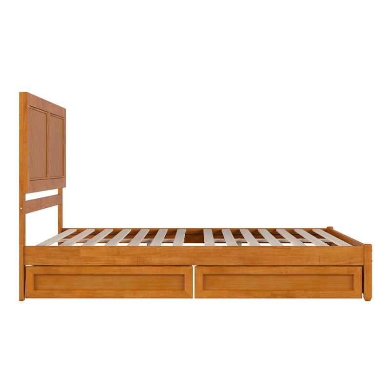 Clayton Queen Platform Bed w Panel Footboard & 2 Storage Drawers in Light Toffee