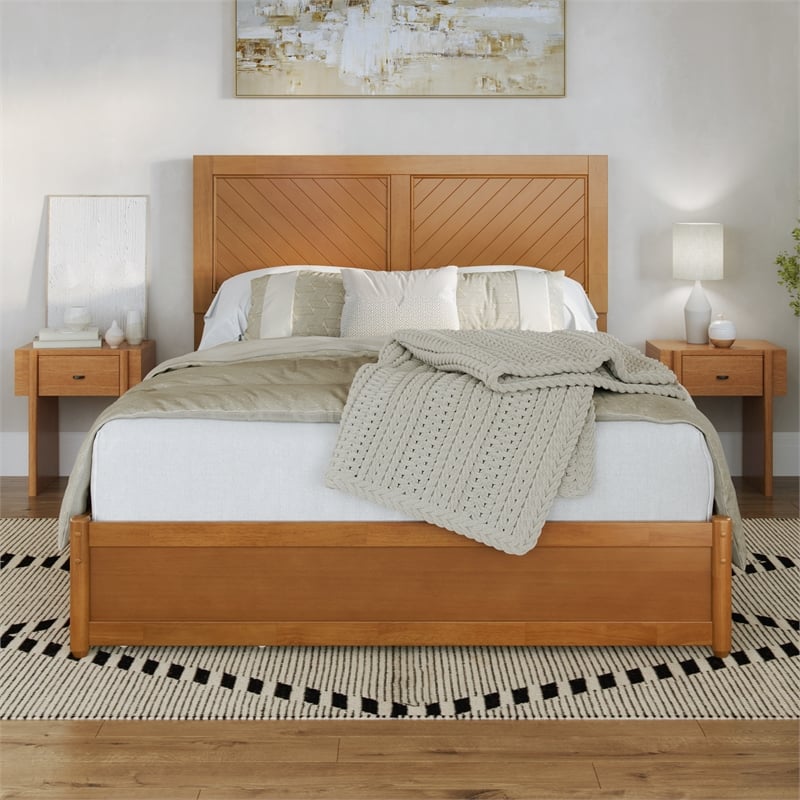 Clayton Queen Platform Bed w Panel Footboard & 2 Storage Drawers in Light Toffee