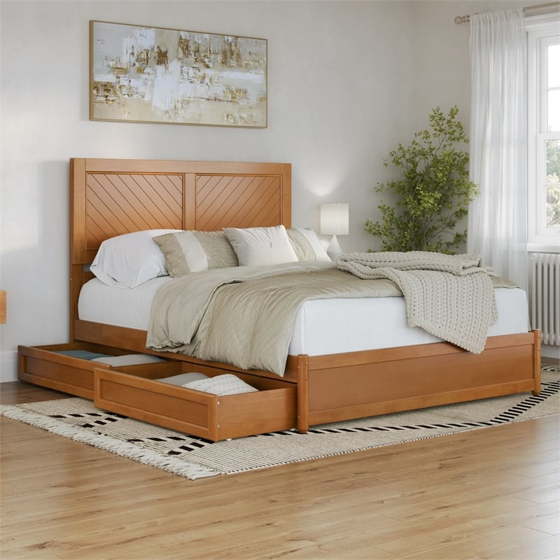 Clayton Queen Platform Bed w Panel Footboard & 2 Storage Drawers in Light Toffee