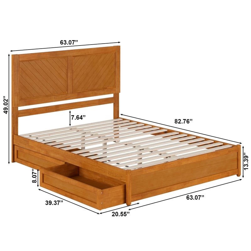 Clayton Queen Platform Bed w Panel Footboard & 2 Storage Drawers in Light Toffee