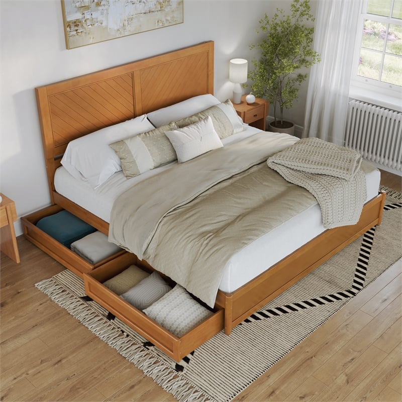 Clayton King Wood Platform Bed with Panel Footboard & Drawers in Light Toffee