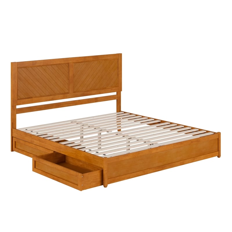 Clayton King Wood Platform Bed with Panel Footboard & Drawers in Light Toffee