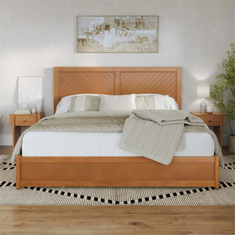 Clayton King Wood Platform Bed with Panel Footboard & Drawers in Light Toffee
