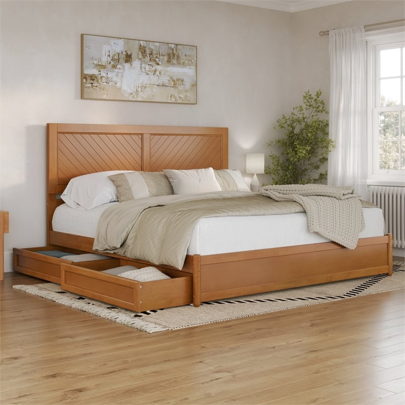 Clayton King Wood Platform Bed with Panel Footboard & Drawers in Light Toffee
