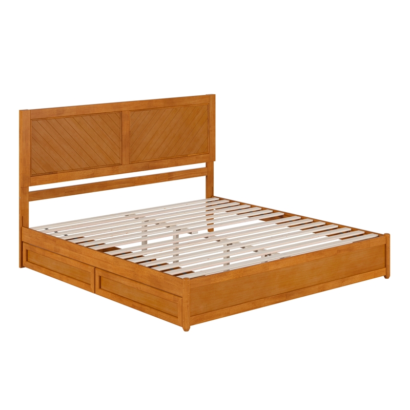 Clayton King Wood Platform Bed with Panel Footboard & Drawers in Light Toffee