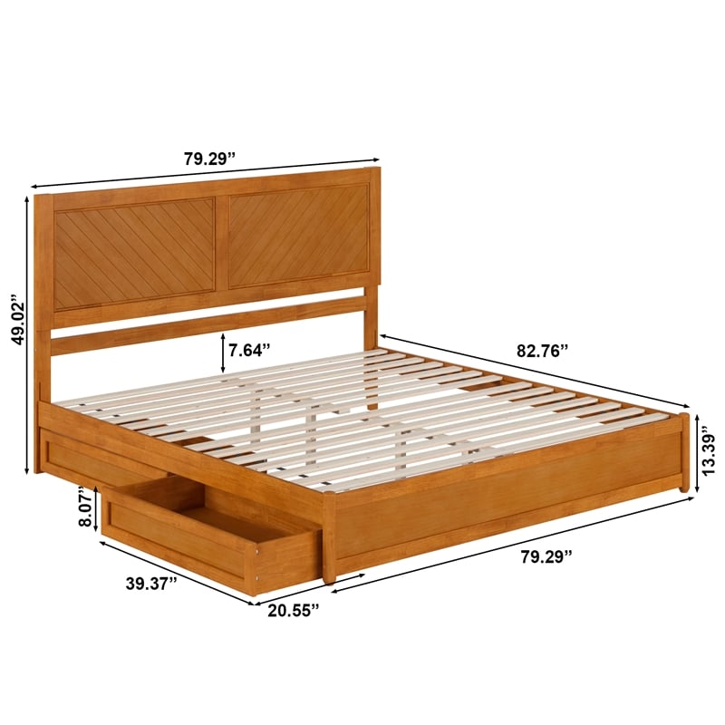 Clayton King Wood Platform Bed with Panel Footboard & Drawers in Light Toffee