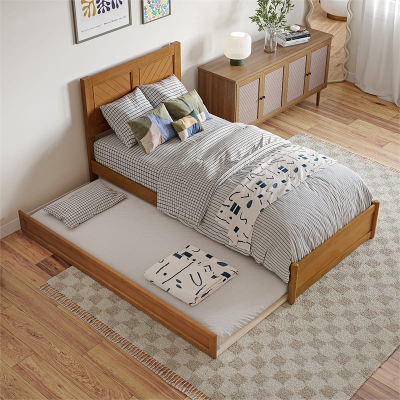 Clayton Twin XL Wood Platform Bed with Panel Footboard & Trundle in Light Toffee