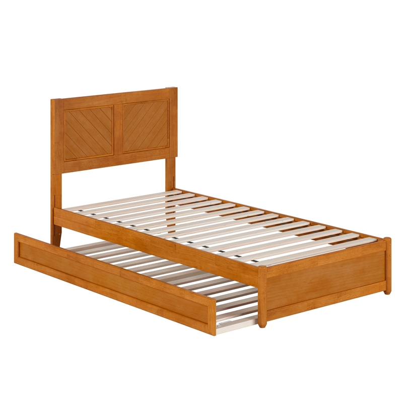 Clayton Twin XL Wood Platform Bed with Panel Footboard & Trundle in Light Toffee