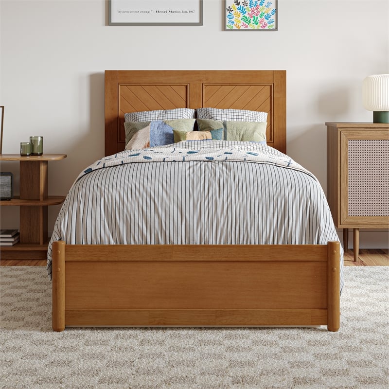 Clayton Twin XL Wood Platform Bed with Panel Footboard & Trundle in Light Toffee