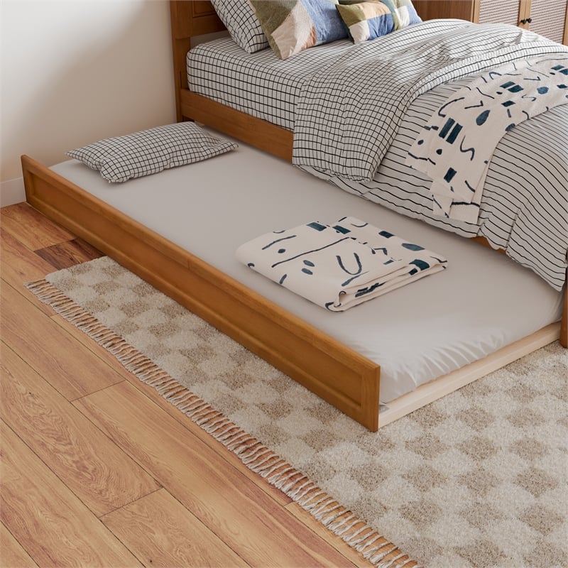 Clayton Twin XL Wood Platform Bed with Panel Footboard & Trundle in Light Toffee