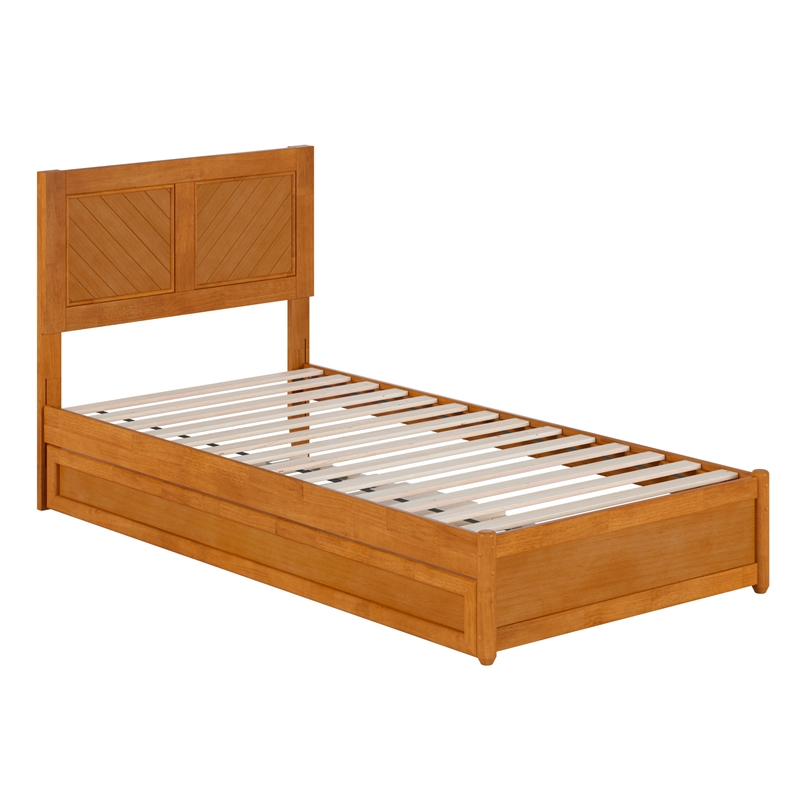 Clayton Twin XL Wood Platform Bed with Panel Footboard & Trundle in Light Toffee