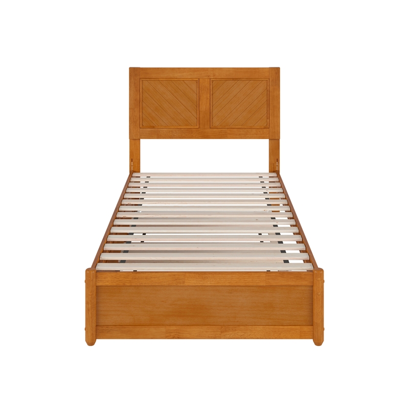 Clayton Twin XL Wood Platform Bed with Panel Footboard & Trundle in Light Toffee
