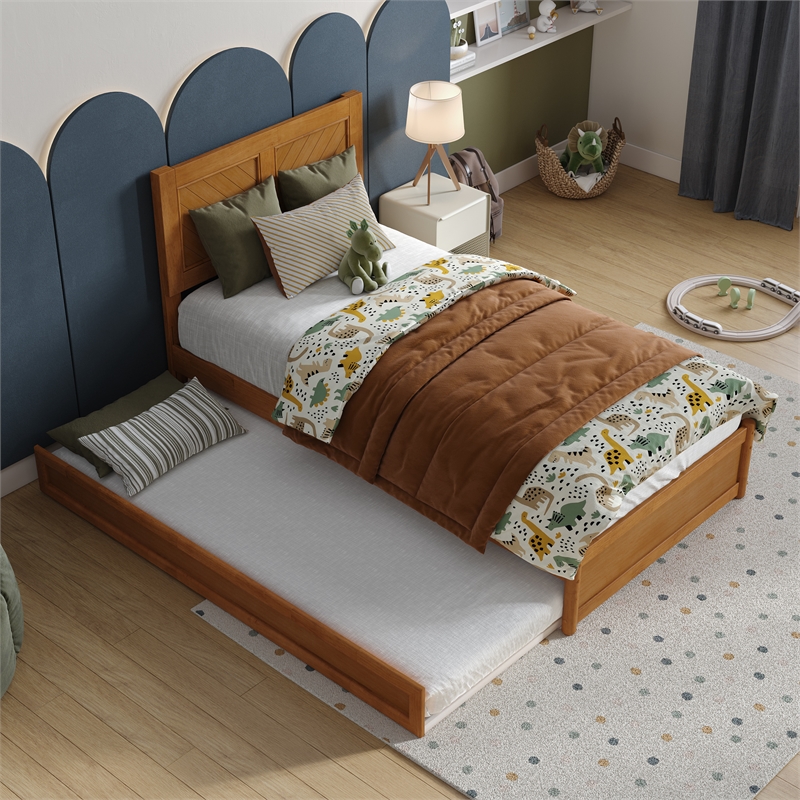 Clayton Twin Wood Platform Bed with Panel Footboard & Trundle in Light Toffee