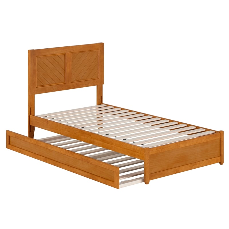 Clayton Twin Wood Platform Bed with Panel Footboard & Trundle in Light Toffee