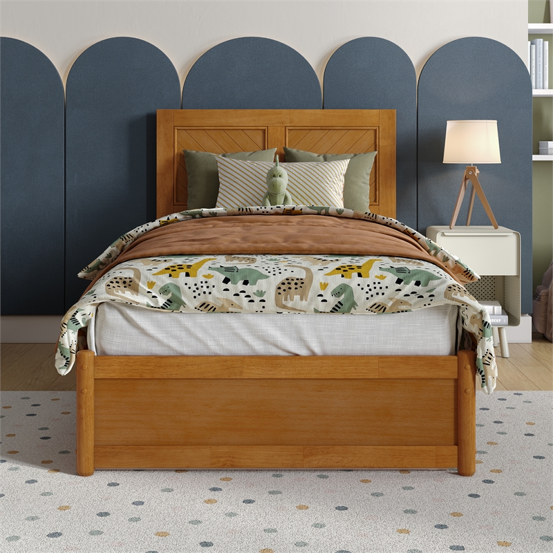 Clayton Twin Wood Platform Bed with Panel Footboard & Trundle in Light Toffee