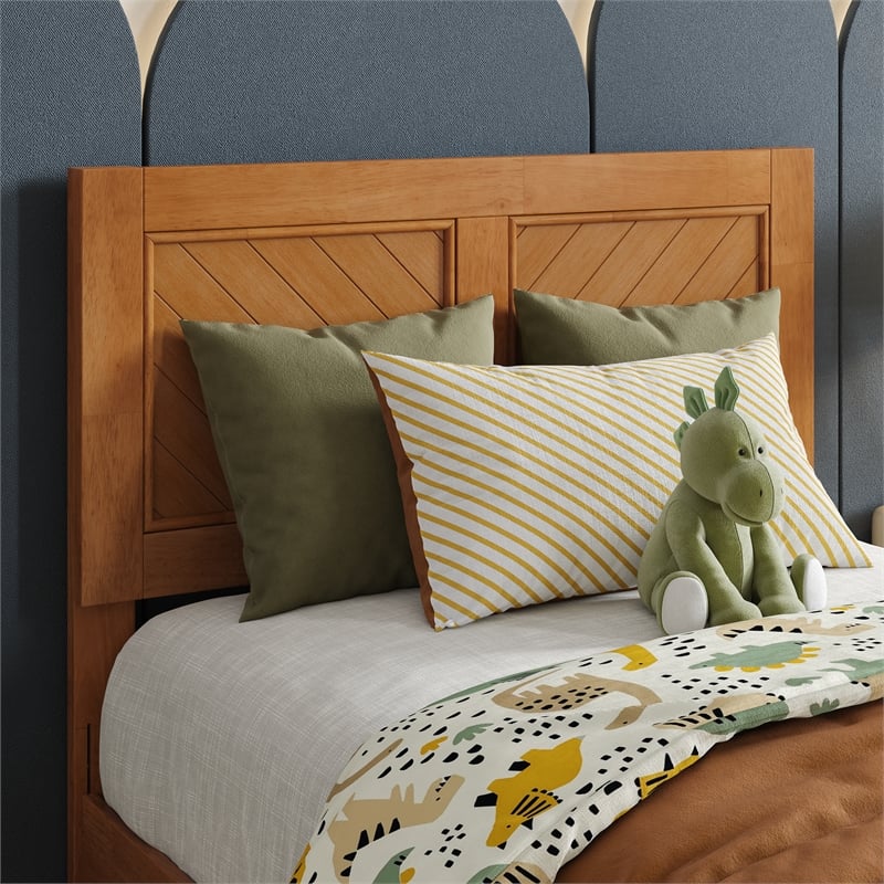 Clayton Twin Wood Platform Bed with Panel Footboard & Trundle in Light Toffee