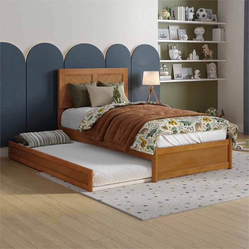 Clayton Twin Wood Platform Bed with Panel Footboard & Trundle in Light Toffee