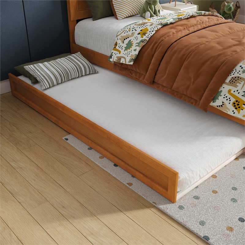 Clayton Twin Wood Platform Bed with Panel Footboard & Trundle in Light Toffee
