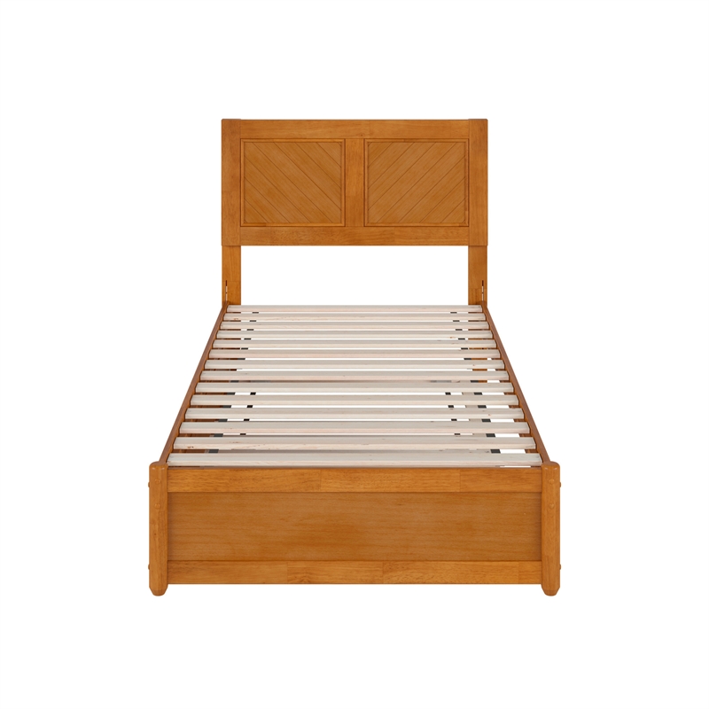 Clayton Twin Wood Platform Bed with Panel Footboard & Trundle in Light Toffee