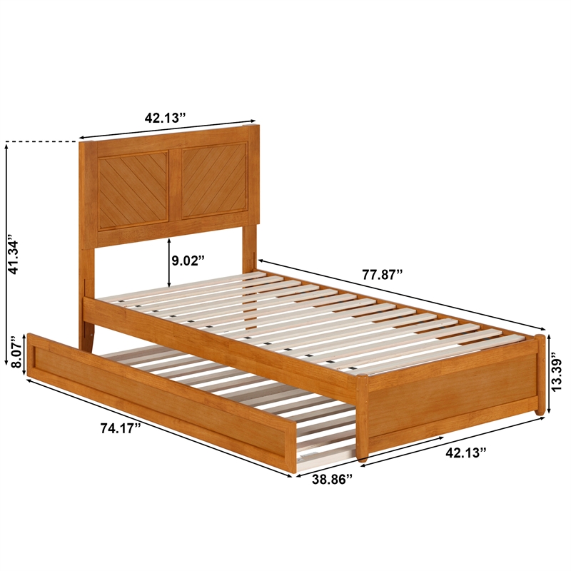 Clayton Twin Wood Platform Bed with Panel Footboard & Trundle in Light Toffee