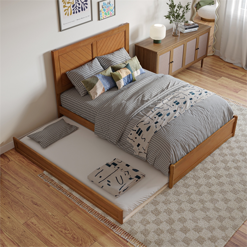 Clayton Full Wood Platform Bed with Panel Footboard & Trundle in Light Toffee