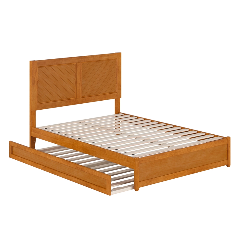 Clayton Full Wood Platform Bed with Panel Footboard & Trundle in Light Toffee
