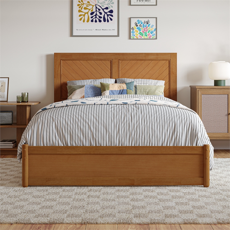 Clayton Full Wood Platform Bed with Panel Footboard & Trundle in Light Toffee