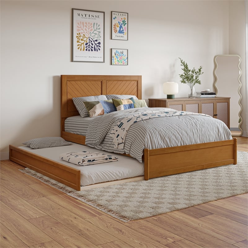 Clayton Full Wood Platform Bed with Panel Footboard & Trundle in Light Toffee