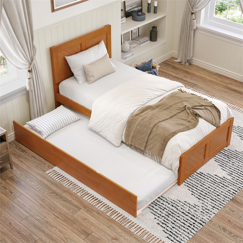 Canyon Twin XL Platform Bed with Matching Footboard & Trundle in Light Toffee