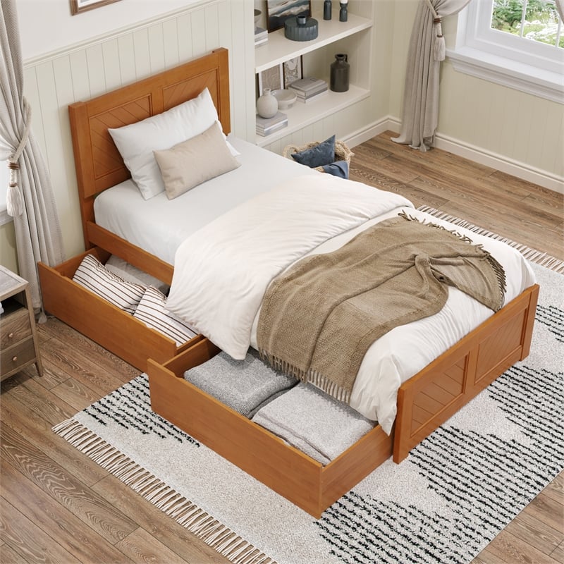 Canyon Twin XL Storage Wood Platform Bed with Matching Footboard in Light Toffee