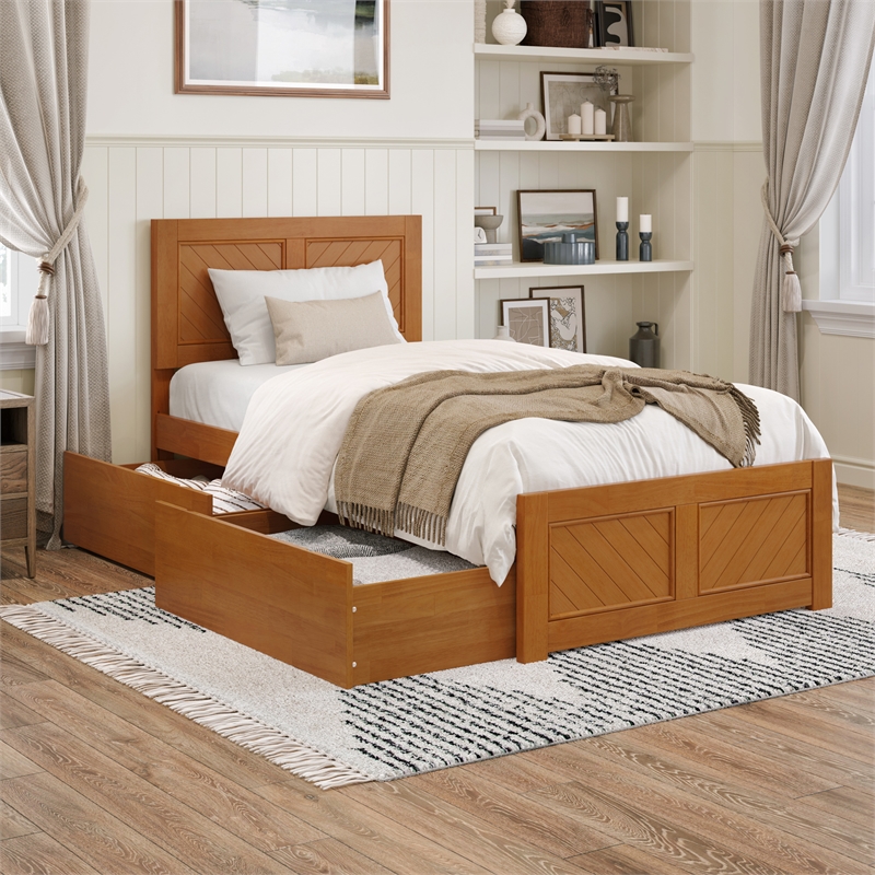 Canyon Twin XL Storage Wood Platform Bed with Matching Footboard in Light Toffee