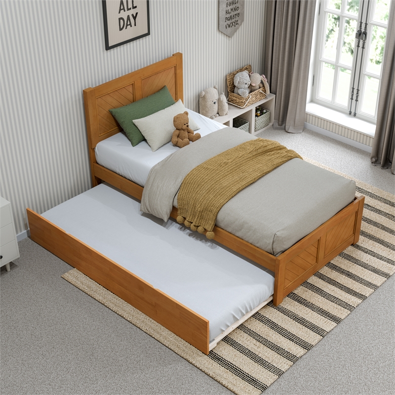 Canyon Twin Wood Platform Bed with Matching Footboard & Trundle in Light Toffee