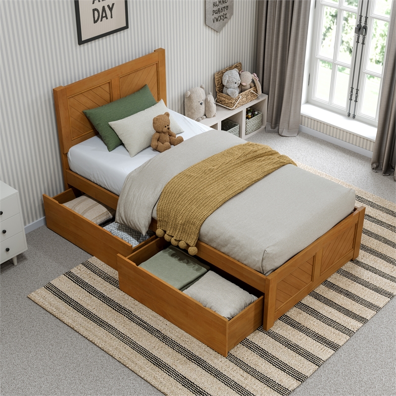Canyon Twin Storage Wood Platform Bed with Matching Footboard in Light Toffee