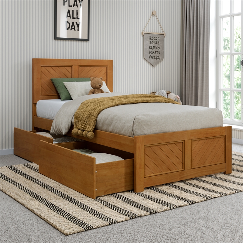 Canyon Twin Storage Wood Platform Bed with Matching Footboard in Light Toffee