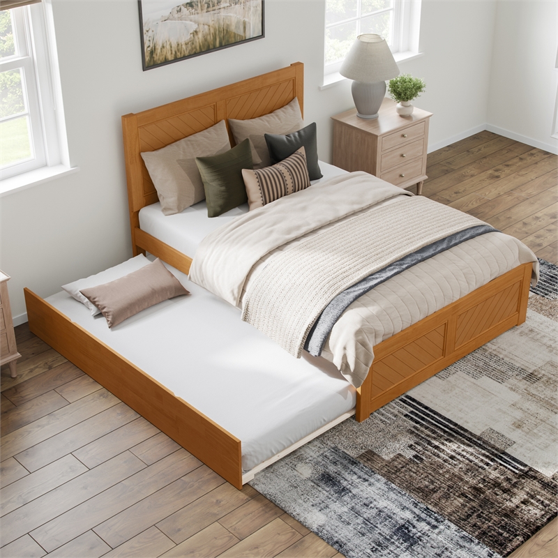 Canyon Full Wood Platform Bed with Matching Footboard & Trundle in Light Toffee