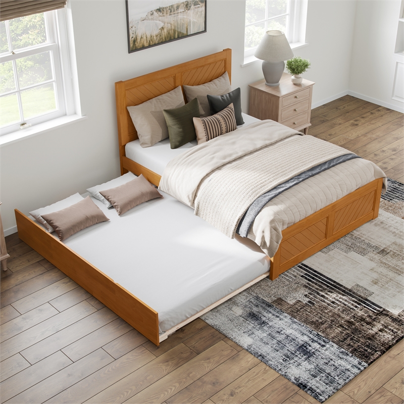 Canyon Full Wood Platform Bed with Matching Footboard & Trundle in Light Toffee
