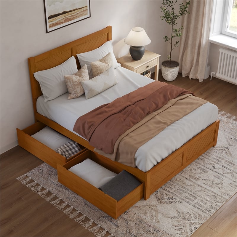 Canyon Queen Storage Wood Platform Bed with Matching Footboard in Light Toffee