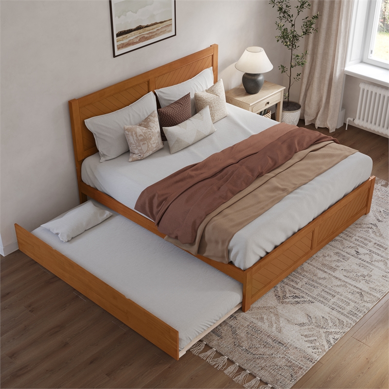 Canyon King Wood Platform Bed with Matching Footboard & Trundle in Light Toffee