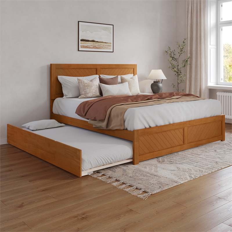 Canyon King Wood Platform Bed with Matching Footboard & Trundle in Light Toffee